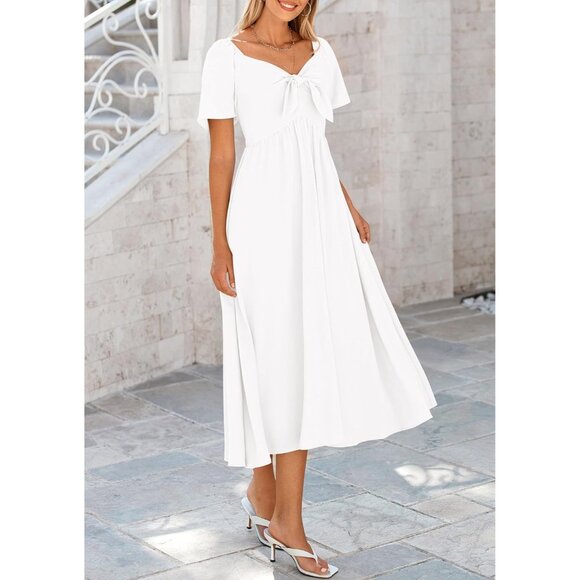 🆕Women White Polyester Casual Summer Dress Bow Tie V Neck Ruffle Midi Flowy - Picture 4 of 9